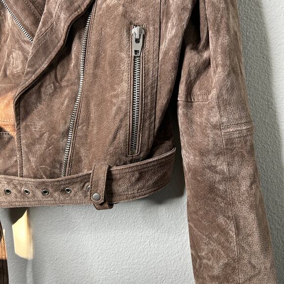 Blank NYC French Taupe Cropped Suede Moto Jacket Size M Belted Leather - Picture 6 of 10